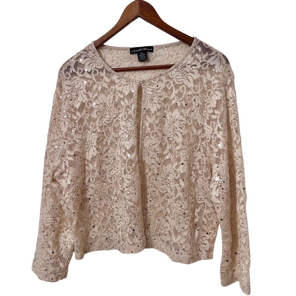 Candelite Womens Cream Lace Sequin‎ Cardigan Sheer Long Sleeve Open Front Top